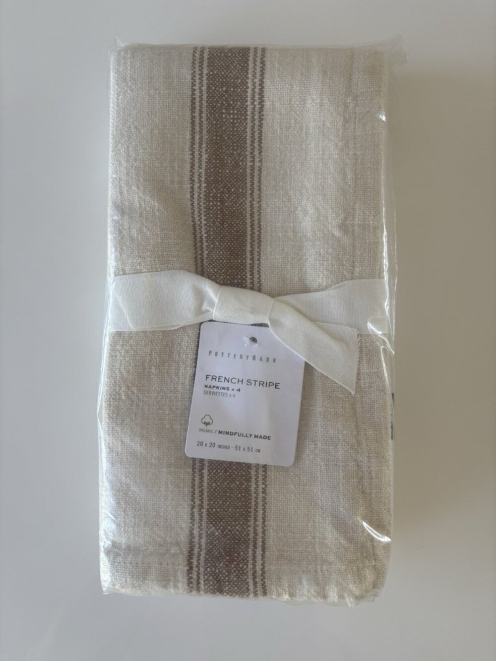 Pottery Barn French Stripe Napkins Set Of 4 100% Organic Cotton Flax Brown New